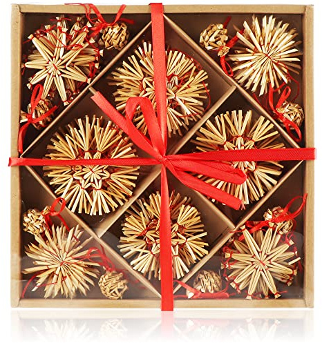 com-four® 56-teiliges Strohsterne Set, Christbaum-Schmuck, Stroh-Anhänger | natürlicher Christbaum-Behang - Weihnachtsdekoration - Ø 3-8 cm