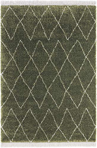 Hanse Home Mint Rugs Desire Teppich Hochflor Wohnzimmer-Teppich Weich Flauschig Langflor Shaggy Flokati Skandi Muster mit Fransen für Kinderzimmer Schlafzimmer Küche Flur Olivgrün Creme 80x150 cm