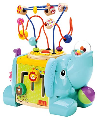 Bino Motorikwürfel Elefant, Spielzeug für Kinder ab 1,5 Jahre (Holzspielzeug mit 5 verschiedenen Spielmöglichkeiten, fördert die motorischen Fähigkeiten, kindgerechtes Design), Mehrfarbig