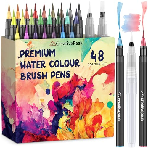 Creativepeak Watercolor Brush Pens - 48 Vibrant Soft Tip Coloring Markers with 2 Blending Brushes - Premium Art Supplies for Calligraphy, Lettering, Coloring & Journaling