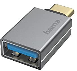 Hama USB OTG Adapter, USB C Stecker – USB A Buchse (Adapter zum Anschluss von Tablet, Handy an z.B. Drucker, Festplatte, Super-Speed-Datenübertragung 5 Gbit/s, USB 3.2 Gen1, Gehäuse aus Aluminium), 00200300, Grau