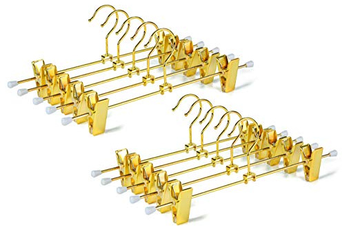 Amber Home 20 Pack Shiny Gold 12 Inch Metal Pants Skirts Hanger, Sturdy for Slacks Trousers with 2 Adjustable Non Slip Clips and Swivel Hook (20 Pack)