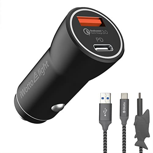 iWotto 18W - Cargador de Coche USB con Cable Tipo C - Set Cargador Shark - 2 USB 3.0 de Carga - Compatibilidad Coche Mechero y Carga Rápida para Dispositivos Móvil QI