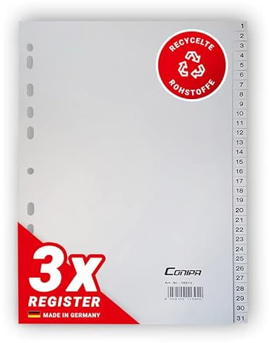 Conipa® - 3er Set 1-31 Register für Ordner DIN A4 (MADE IN GERMANY) - Ordner-Registerblätter & Trennblätter mit Zahlen (nummeriert) Kunststoff (PP) - Trennregister Akten, Ringbücher & Hefter (Grau)