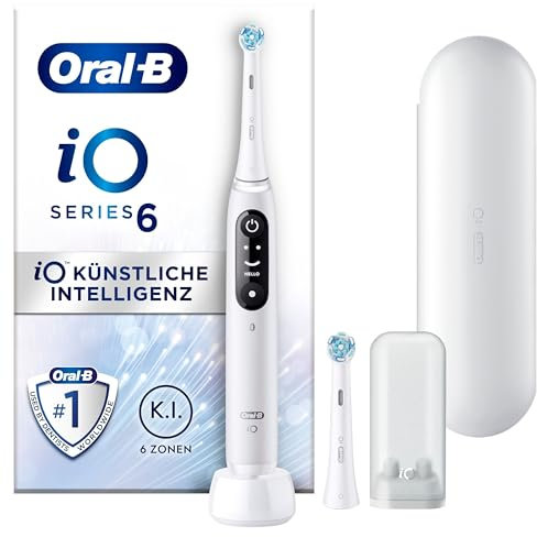 Oral-B iO Series 6 Elektrische Zahnbürste/Electric Toothbrush, 2 Aufsteckbürsten, 5 Putzmodi für Zahnpflege, Magnet-Technologie, Display & Reiseetui, Designed by Braun, white