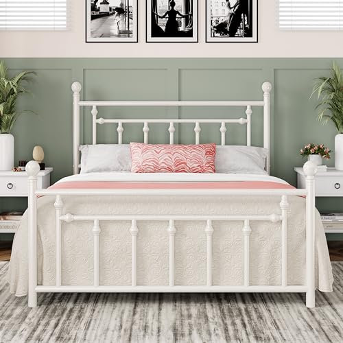 Allewie 14'' Queen Size Metal Platform Bed Frame, Vintage Headboard, White