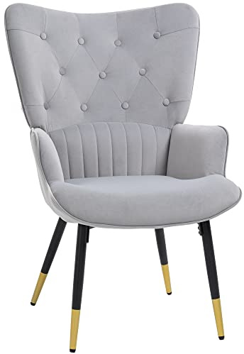 HOMCOM Fauteuil Individuel Fauteuil Dormant Tapissé en Velours avec Haut Dossier Accoudoirs et Pieds en Acier Style Moderne 68x72x103 cm Gris