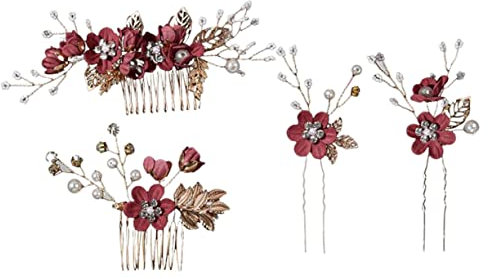 Beatifufu Braut Haarkamm Haarnadel Satz Rot Blumen Haarschmuck Hochzeit Haarkamm Perle Blumenspange Zinklegierung Brautjungfer Kristall Haaraccessoires für Frauen Mädchen