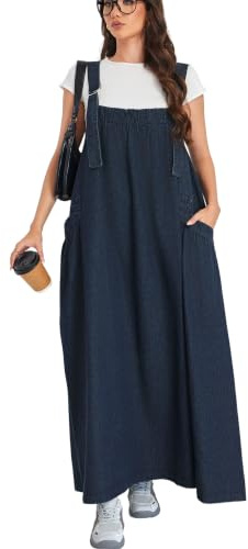 EXPOING Denim Jumper Dress for Women Loose Version Baggy Style Maxi Length Adjustable Straps Wide Hemline (US, Alpha, XX-Large, Regular, Regular, Dark Blue 2XL)