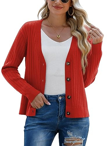 PrinStory Cardigan Donna con Apertura Anteriore Lavorata a Maglia, Maglione a Maniche Lunghe Casual con Bottoni, Cardigan Donna a Maniche Lunghe, Rosso Ruggine, L