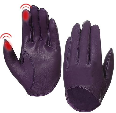 Harssidanzar Gants Courts pour Femmes en Peau d'Agneau à Écran Tactile - Demi-Palmés, Non Doublé, Cuir, Violet, Taille S