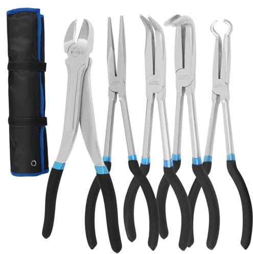 LEJOSTOL 5-teiliges extra langes Spitzzangen-Set, 27,9 cm lange Reichweite, Seitenzange, gerade Zange, 45° & 90° gebogene Spitzzange, Kreiszange, ideal für Präzisionsarbeiten in engen Bereichen