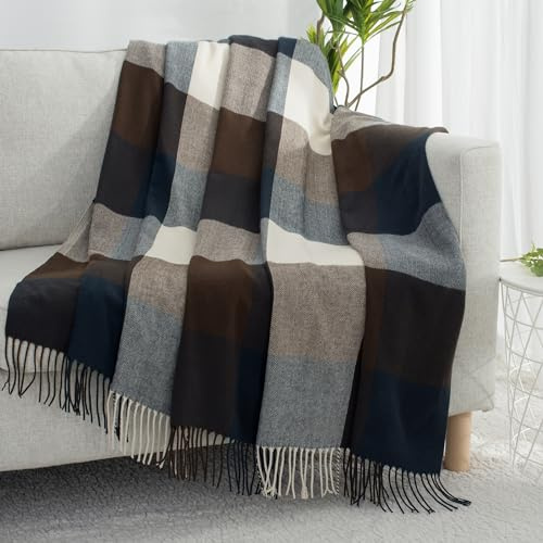 GINAMUSE Buffalo Plaid Zwillingsdecke für Couch mit Quasten, 152,4 x 203,2 cm, weich, leicht, gestrickt, Boho, dekorative Decken für Bett und Sofa, Marineblau/Braun
