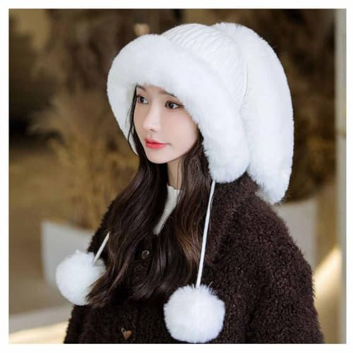 SHTGOI Bommelmütze Wolle Strickmütze mit Fleece gefütterte Dicke Pelzmütze Wintermütze mit Kaninchenohren und Bommel Plüsch Pudelmütze Ohrenklappe Mütze für Outdoor-Fahrrad und Ski Weiß