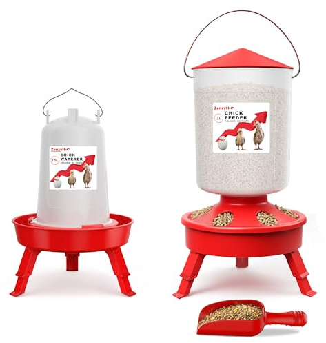 ZenxyHoC 2-in-1 Küken Futterautomat 3L & Tränke 1,5L Set Rot | Befüllung von oben, inklusive Schaufel, 3 verstellbare Höhen, Haken zum Aufhängen und Antiertrinken. BPA-freier Kunststoff