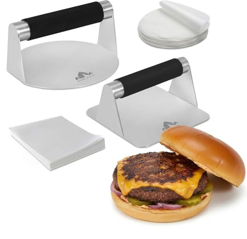 Homi styles Stainless Steel Burger Press Pack of 2 – Round and Square Meat Masher with Silicone Handles – Non-Stick Patty Maker for Hamburger