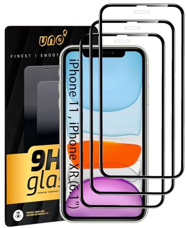 ONE' UNO' 3 Einheiten Displayschutz aus gehärtetem Glas für iPhone 11/XR (6,1), vollständige Abdeckung mit schwarzen Kanten. Anti-Fingerabdruck, Anti-Kratzer, 9H-Härte, blasenfrei, extrem widerstand