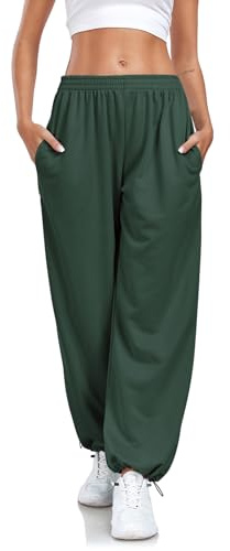 Enwokran Pantalon de Jogging Femme Pantalon de Survêtement Ample avec Poches à Taille Haute élasticité Sudation Réglable Casual Pant Pantalon de Sport D'été à Jambes Larges (Armée Verte, M)
