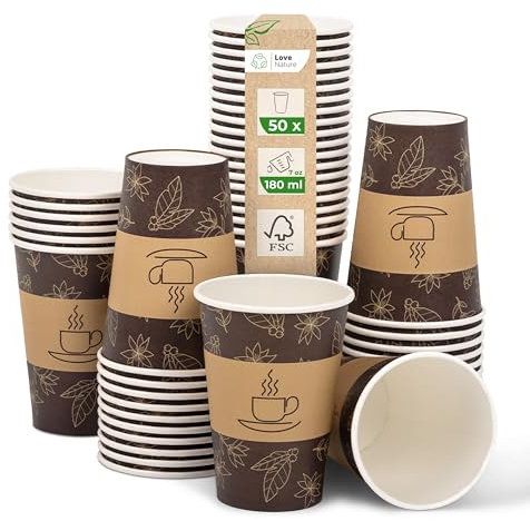 Love Nature Taza de café para llevar de 180 ml, vasos de papel, 50 unidades, vasos desechables para servir café, té, bebidas calientes y frías
