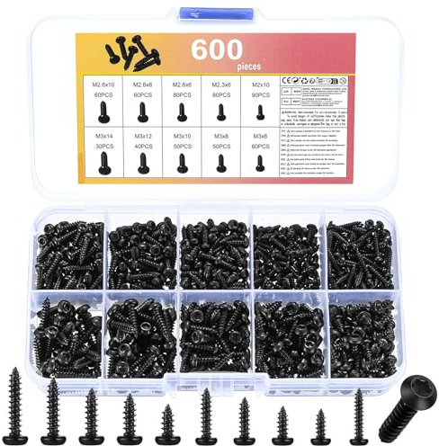 600 Pcs Torx Pan Head Self Tapping Screws Set, Small Black Round Head Torx Self-Tapping Wood Screws Assortment Set for Plastic Wood Soft Metal(M2 M2.3 M2.6 M3)