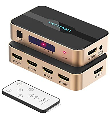HDMI Switch 4K 5 in 1 Out HDMI Splitter Switcher Selector with IR Remote Control Support 4K@30Hz 3D UHD Compatible with PS5,PS4,PS3,Xbox,DVD,TV,Blu-ray,Projector