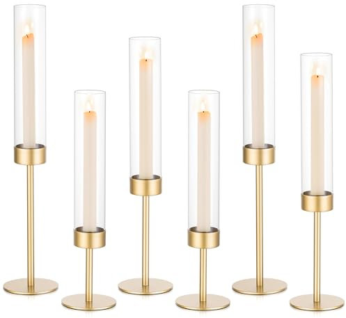 Sziqiqi Wedding Candlestick Holders Tall: 6 Pcs Gold Candle Holders Centerpiece for Table - Vintage Candle Sticks Holder with Glass Hurricane for Christmas Birthday Party Anniversary Decor