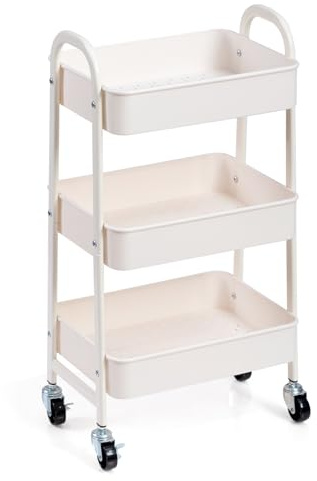 AGTEK 3-Tier Rolling Carts with Wheels, Rolling Utility Cart with Iron Frame for Kitchen, Plastic Shelves, Living Room, Office, White