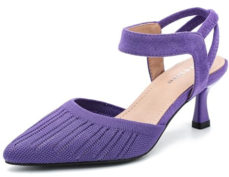 fereshte Women's Low Kitten Heels Knit Pumps Elastic Ankle Strap Slingback Dress Shoes, Royal Blue, 5 UK