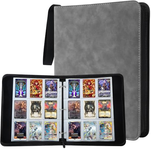 Raccoglitore Carte Magic,900 Tasche Album Porta Carte,50 Pagine Raccoglitore di Carte con cerniera,Grande capacità, adatto per le carte di gioco preferite (B-Grigio-02)