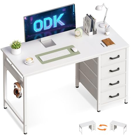 ODK Computer Desk with Drawers, Reversible Office Desk, 100 x 48 cm, White