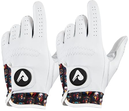ASTUR Golfhandskar 2-pack Cabretta läder golfhandske män vänster hand karismatisk unikt handledsdesigntryck (BOLD, M/L)