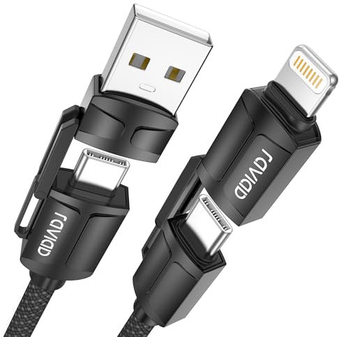 RAVIAD Multi Charger Cable 1M, 4 in 1 3A USB Fast Charging Cord 60W PD Multi Charging Cable USB C/USB A to Lightning, USB C/USB A to USB C for iPhone 16/15, Android Galaxy S24/S23, Oneplus, LG - Black
