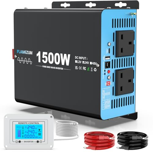 FLAMEZUM 1500w/3000w Peak Pure Sine Wave Power Inverter DC 24V to AC 240V Voltage Converter with 2 AC Outlets,1 USB-A Port,1 USB-C Port,LCD Remote Control,for Motorhomes,Trucks,Boats,Camping