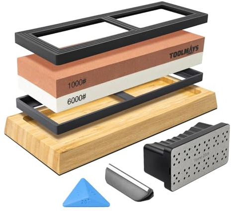 TOOLMAYS Piedra de Afilar Cuchillos 1000/6000 Grano 6-EN-1 | Base Antideslizante de Bambú, Guía de Ángulo y Piedra Correctora de Doble Cara para Cuchillos de Cocina y Tijeras