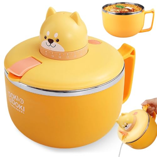 GOMETY Ramen - Cuenco con tapa, 1200 ml, gran capacidad, con temporizador, de acero inoxidable 304, para pasta, fideos, bento, sopa y almuerzo (cachorro)