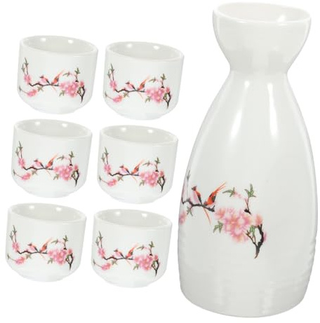 Holibanna Juego de Copa de Sake Japonesa y Tetera Tradicional de Cerámica, 7 Piezas, Surtido Pequeño, Material Cerámico, Diseño Retro, para Servir Sake en Casa, Bares y Restaurantes, Obsequio Especial