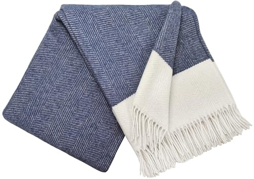 STTS International - Coperta in cashmere, 100% lana merino e cashmere, 140 x 200 cm, plaid Faro, molto morbida (blu-bianco (M))