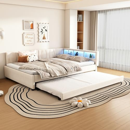 Luxeza Daybett,Tagesbett, Schlafsofa, Ablagefach am Bett, mit ausziehbarem Bett, mit Lattenrost, Leinen(ohne Matratze) (Beige, 140 * 200cm)