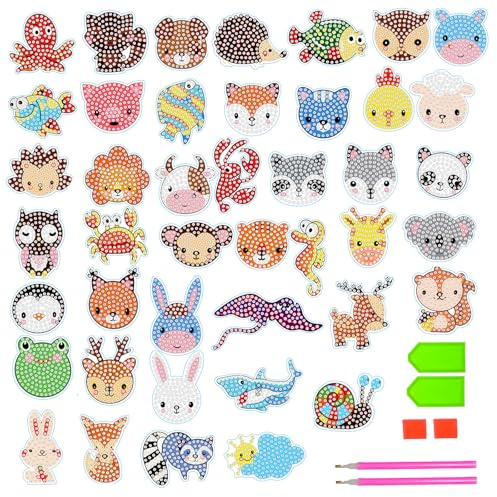 Wqafe 46 Stück DIY Diamond Painting Kinder Sticker Aufkleber Set 5D Diamant Painting Klein Tiere Mosaik Llebebilder Bilder Malerei Diamontpating für ab 4 Diamant-Stickerei für Kinder und Anfänger