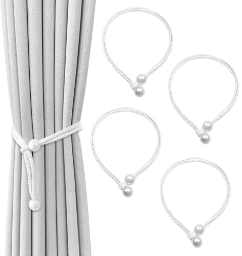 SUBTAVIK Lot de 4 embrasses de Rideaux, Boucle en Corde perlée, embrasses élégantes tressées et réglables pour Rideaux, pour Maison, Bureau, Salon, Chambre (Blanc)