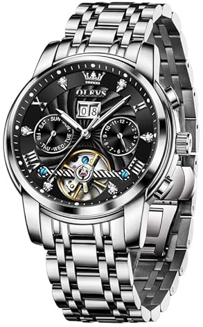 OLEVS Automatic Men Watch Black Face Tourbillon Self Winding Mechanics Luxury Business Stainless Steel Strap Luminous Waterproof Silver Black Wrist Watch