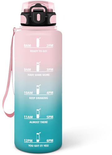 Mulbijeo Gourde 1L, Réutilisable, Bouteille D'eau Sport, Marqueur Horaire, Bouteille, Étanche, Portable, Gourde Graduée pour 1 Journee pour Salle de Sport, Vélo, Bureau, Extérieur, École