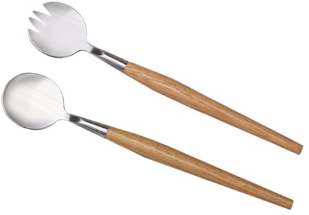 Toyvian 2 pièces Serveurs Salade Acier Inoxydable avec Manches Bois Cuillère et Fourchette Confortables pour Service Fruit et Repas Ustensiles de Table Durables et Élégants