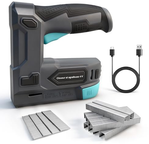 Ecobuild Agrafeuse et Cloueuse Électrique Sans Fil 4V 2-en-1, 6-14mm Agrafes & 14-15mm Clous, avec 400 Agrafes et 100 Clous, pour Tapissier, Bois et Bricolage