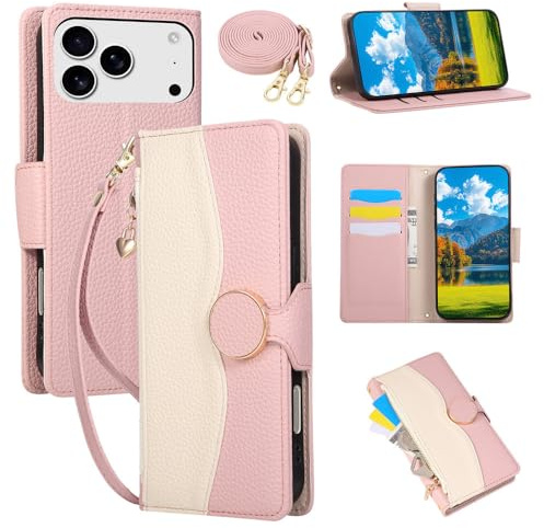 KLKLKTT Custodia a tracolla con cerniera in pelle per iPhone 17 Pro Max 17 Air 16 15 14 Plus 13 12 11 12 Mini Xs Xr X Cover, rosa, per iPhone 15