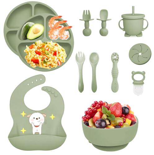 12 pièces Coffret Repas Bebe Silicone, Assiette bebe Set avec Ventouse Assiette Bol Fourche Cuillère Bavoir et Tasse, Enfant Set Couverts Vaisselle Pour Sevrage Manger (Vert)