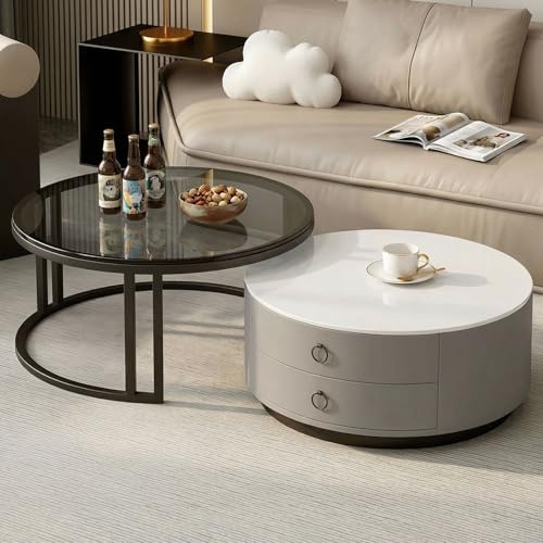 Generisch Couchtisch Rund 2er Set mit Stauraum, Satztisch Wohnzimmertisch aus Glas und Sinterstein, Moderne Sofatisch Kaffeetisch für Wohnzimmer, Schlafzimmer, Balkon und Büro