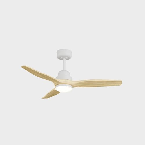 Sulion - Ventilador de Techo con Luz LED - 107cm - Motor DC Silencioso - para Exterior IP44 e Interior- Mando a Distancia - Temporizador - Modo Verano/Invierno - 3 Aspas - Blanco Madera Clara