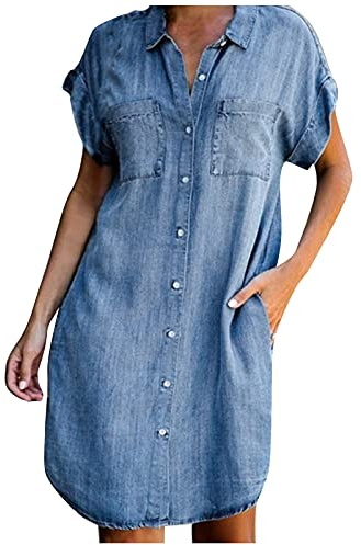 Robe d'été pour femme - Robe tunique en jean - Robe chemisier à manches courtes - Robe chemisier en jean surdimensionnée - Élégante robe décontractée en denim, bleu, L