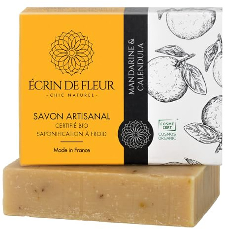ÉCRIN DE FLEUR Feste mandarin seife BIO zertifiziert - Handgemachte Seife mit ätherischem Mandarinenöl, Aprikosenöl, Ringelblumen, für trockene Haut, 1 x 90g